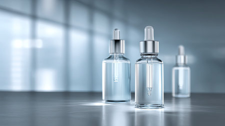 A collection of glass dropper bottles filled with clear liquid, set against a sleek, modern background that emphasizes beauty and purity. Perfect for skincare.の素材