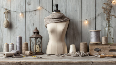 A cozy crafting workspace showcasing spools of yarn and thread, a mannequin, and a decorative lantern, perfect for artistic inspiration and DIY projects.の素材