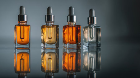 This captivating image showcases elegant glass dropper bottles filled with vibrant liquids, arranged on a reflective surface. Ideal for beauty and wellness projects.の素材