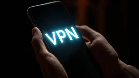 A close-up shot of a person holding a smartphone showing the word "VPN" in bright letters. This image captures the essence of online privacy and digital security.の素材