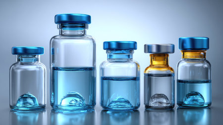 A collection of glass vials filled with liquid in a captivating arrangement. The soft light enhances the clarity and detail, suitable for healthcare or pharmaceutical themes.の素材