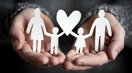 This touching image features hands holding paper figures representing a family, symbolizing love and unity. The heart adds warmth and care to the scene.の素材