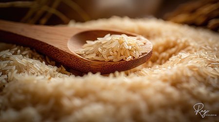 A detailed close-up of raw rice grains resting in a wooden spoon, surrounded by a soft pile of rice. This image highlights the natural textures and earthy tones.の素材