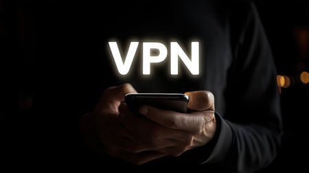 A close-up view of a person holding a smartphone displaying the VPN text in a dark environment, emphasizing digital privacy and security in an online context.の素材
