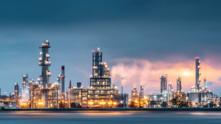 Stunning view of an industrial complex at dusk showcasing illuminated towers and smoke stacks. The scene captures the essence of modern manufacturing and energy production.の素材