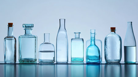 A striking display of various glass bottles, showcasing different shapes and sizes. Ideal for artistic projects, beverage promotions, and interior design inspiration.の素材