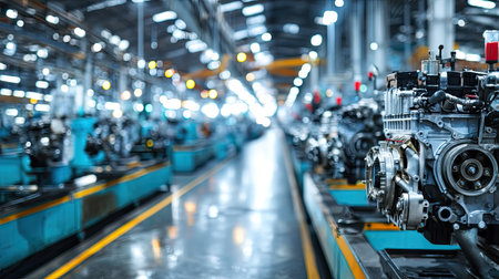 A vibrant industrial setting showcasing engine manufacturing with machinery lined in rows. The scene highlights production technology, tool efficiency, and manufacturing dynamics in a spacious factory environment.の素材