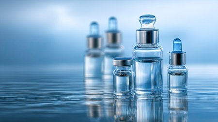 A serene composition of clear glass bottles with droppers, reflecting on a calm water surface, showcasing beauty and purity in a minimalist design, perfect for skincare themes.の素材