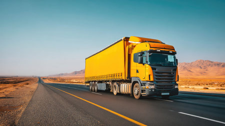 A vibrant yellow truck travels along a scenic desert highway. This image captures the essence of adventure and transport against a stunning landscape, perfect for logistics themes.の素材
