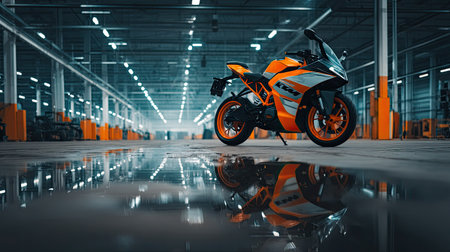 A vivid orange motorcycle stands in a spacious industrial warehouse, its reflection shimmering on a puddle. The scene showcases modern design and a dynamic atmosphere.の素材
