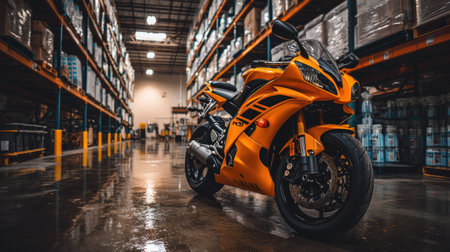 An eye-catching orange motorcycle is parked in a spacious industrial warehouse, reflecting the ambient lighting and showcasing a sleek design perfect for adventure enthusiasts.の素材