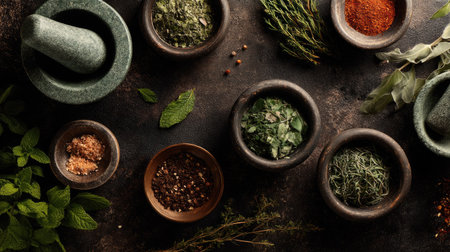 A beautiful arrangement of fresh herbs and spices in rustic mortars on a dark background. Perfect for culinary inspiration, cooking themes, and healthy ingredients.の素材