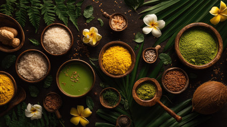 A visually striking collection of natural ingredients showcases the vibrant colors and textures of spices and herbs, ideal for culinary inspiration and healthy cooking.の素材