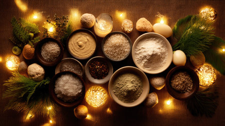 An artistic arrangement of various natural ingredients ideal for cooking, highlighting textures and colors, perfect for culinary themes and recipes.の素材