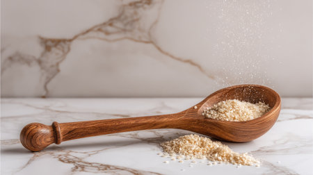 This image features a wooden spoon filled with raw white sesame seeds, beautifully arranged on a marble table. Perfect for showcasing cooking ingredients.の素材