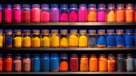 A stunning collection of vibrant colored powders neatly arranged in glass jars on shelves. Ideal for art projects, crafting inspiration, or decorative uses.の素材
