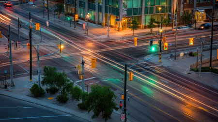 Captivating view of a busy urban intersection at night, showcasing colorful light trails from moving cars. The vibrant cityscape creates a dynamic atmosphere.の素材