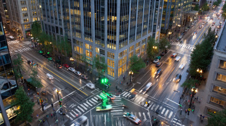 A dynamic urban scene depicting a bustling intersection at dusk. Rain creates beautiful reflections on the streets as traffic and pedestrians flow.の素材