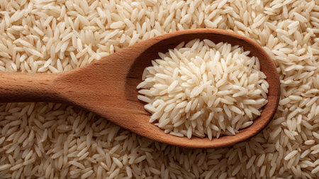 An artistic close-up of white rice in a wooden spoon, set against a sandy background, showcasing the texture and simplicity of this staple ingredient.の素材