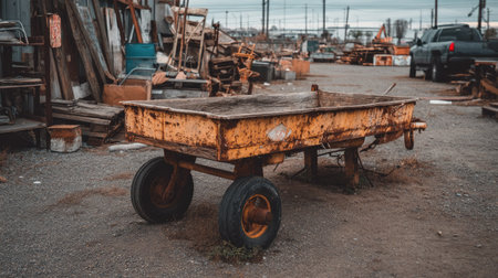 An old rusty cart sits in an abandoned industrial area, surrounded by weathered equipment and gravel. This scene captures a sense of nostalgia and decay.の素材