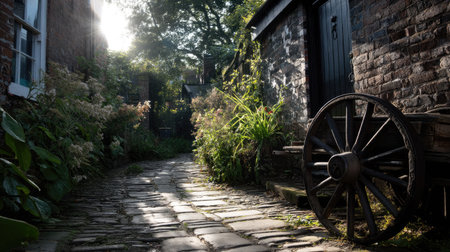 Explore this tranquil cobbled pathway bathed in soft sunlight, flanked by vibrant greenery and an antique cart. A perfect blend of nature and history.の素材