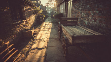 A charming view of a narrow, sunlit pathway lined with brick walls and a rustic cart. The tranquil atmosphere evokes a sense of nostalgia and peace.の素材