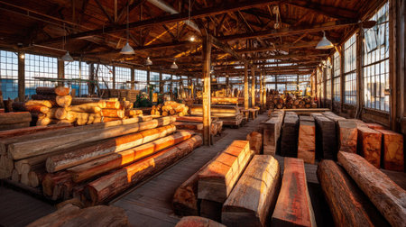 A spacious and rustic wood storage warehouse filled with various logs and lumber, showcasing warm sunlight filtering through large windows, creating a picturesque scene.の素材