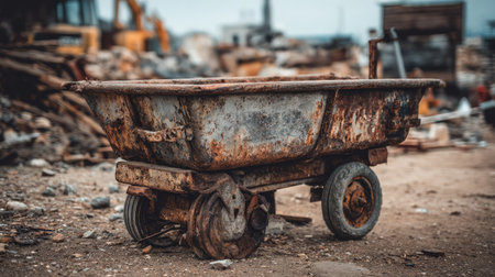 A close-up view of a rusty wheelbarrow standing on a construction site filled with debris. The weathered cart showcases the essence of hard labor and a forgotten era.の素材