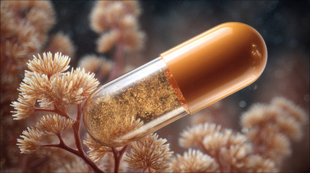 A striking close-up image showcasing an orange capsule nestled among coral-like structures, representing the intersection of nature and science in health and wellness.の素材
