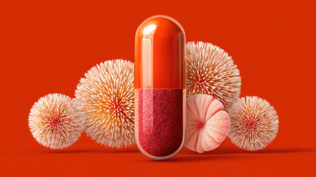 A striking red capsule stands out among vibrant organic textures on a bold background, symbolizing health and wellness in a creative and modern design.の素材