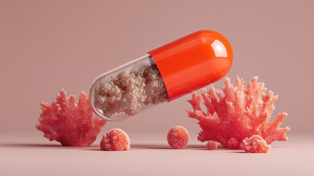 This striking image features a vibrant orange capsule floating above delicate coral formations on a soft pink background, blending nature and medicine creatively.の素材