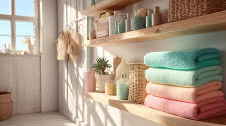 A serene bathroom scene featuring neatly arranged pastel towels and natural decor. Soft sunlight streams through the window, enhancing the cozy, clean atmosphere.の素材