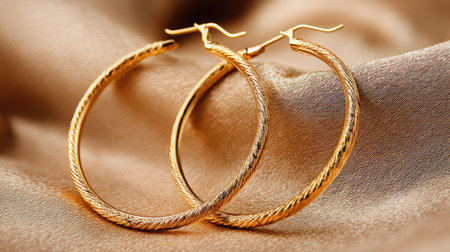 Stunning gold hoop earrings elegantly displayed on soft satin, capturing the essence of luxury and style. Perfect for fashion enthusiasts and jewelry lovers.の素材
