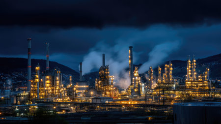 A striking nighttime scene of an industrial complex illuminated by bright lights. Smoke rises from smokestacks, highlighting the energy and manufacturing processes.の素材