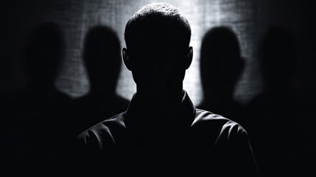 This striking black and white image captures a solitary figure surrounded by shadowy silhouettes, evoking a sense of mystery and intrigue. The play of light and shadow enhances the depth and drama of the scene, inviting viewers to explore themes of anonymity and identity.の素材