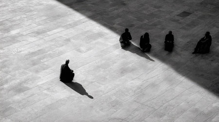 A serene monochrome scene capturing figures engaged in meditation. The contrast of light and shadow enhances the atmosphere of tranquility and introspection.の素材