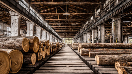 Captivating view of a rustic lumber yard showcasing stacks of logs in a spacious storage area. Industrial architecture enhances the raw materials atmosphere.の素材