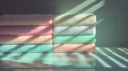 A beautiful arrangement of soft, pastel towels stacked elegantly. Sunlight casts shadows, creating a serene and cozy atmosphere perfect for bathrooms or spas.の素材