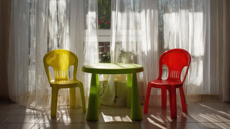 Bright yellow and red plastic chairs surround a green table in a sunlit room. Sheer curtains soften the light, creating a cheerful and cozy atmosphere.の素材