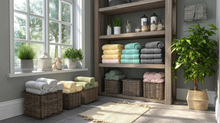 A serene bathroom corner featuring neatly arranged towels in various colors on wooden shelves. Natural light, plants, and wicker baskets create an inviting, cozy atmosphere.の素材