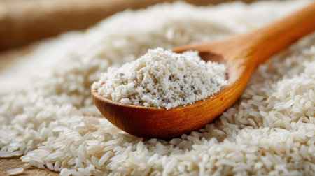 A close-up view showcasing a wooden spoon filled with rice amidst scattered grains on a rustic table, perfect for culinary projects and food photography.の素材