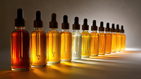 A line of assorted essential oil bottles with varying shades, showcasing the beauty of natural products. The display highlights the elegance and aesthetic appeal of wellness oils.の素材