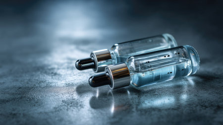 An artistic macro shot showcasing two glass droppers filled with liquid resting on a sleek, reflective surface, embodying the essence of modern beauty and wellness.の素材