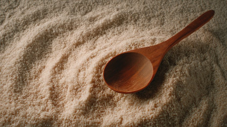 A wooden spoon rests on a soft surface of flour, creating an inviting kitchen scene. Ideal for themes of baking, cooking, and food preparation.の素材