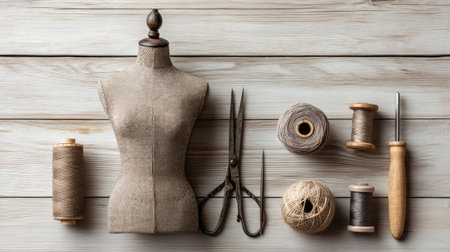 Discover a beautifully arranged display of tailoring tools and materials, including a mannequin, scissors, spools of thread, and yarn, perfect for creative projects.の素材