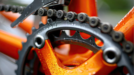 A detailed close-up image of a bicycle chainring with water droplets, showcasing the intricate mechanical components and vibrant orange color. Ideal for cycling enthusiasts.の素材