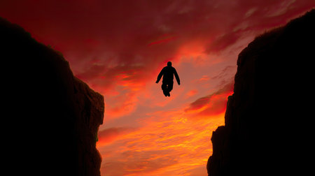 A silhouette of a person leaps between rocky cliffs during a stunning sunset, embodying a sense of freedom and adventure against a vibrant sky.の素材