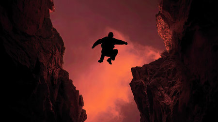 A dramatic scene capturing a silhouette of a person jumping between jagged cliffs against a stunning sky. The vibrant colors and dynamic action evoke feelings of adventure and freedom.の素材