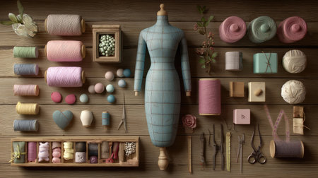 A beautifully arranged flatlay featuring a dressmaker's mannequin with vibrant sewing accessories. Perfect for showcasing creative projects or craft inspiration.の素材