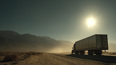 A solitary truck drives along a dusty road in a vast desert landscape under a bright sun. The scene captures the essence of adventure and exploration in nature.の素材